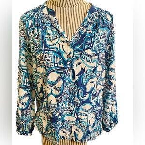 Lilly Pulitzer Elephant Print Silk Elsa Top.